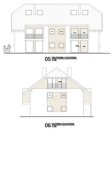  Si tratta di un complesso immobiliare che doveva, per regolamento Comunale e richiesta della committenza, avere un disegno tradizionale carinziano. L'impostazione rimane perciò quella tradizionale della Cariziapur rivisistata con soluzioni architettoniche attuali e riordino dei prospetti. Materiali di finitura altresì tradizionali ma costruzione interamente in legno. ( a lato disegni e soluzioni dettagliate)